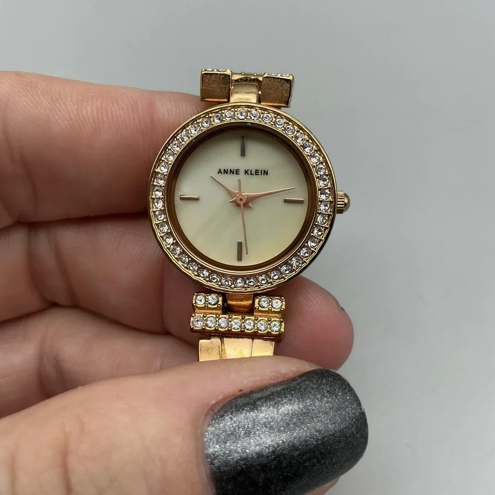 Anne Klein Womens Watch 24mm MOP Gold Tone Crystals Bangle New Battery 6.75